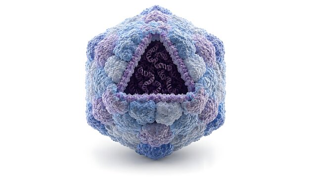 Detailed three dimensional model representing icosahedral viral capsid structure with internal genetic material with triangular cutaway with dimensional digital