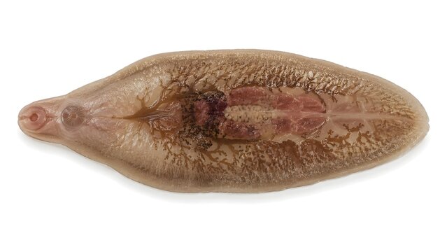 Fasciola hepatica common liver fluke specimen isolated on white background for biological study with specimen with specimen