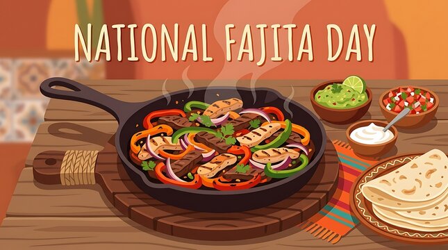Sizzling fajita skillet with colorful peppers, minimal National Fajita Day text