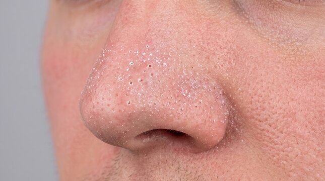 Close up of male nose covered in dry white skin flakes, dead skin cells build up, seborrhea or severe dehydration