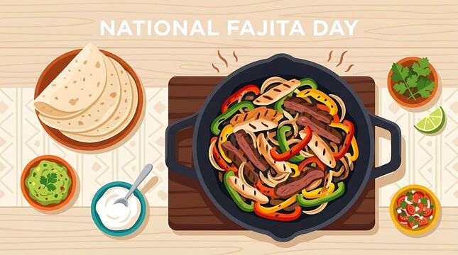 Sizzling fajitas with grilled onions and peppers, minimal National Fajita Day text, clean flat vector artwork