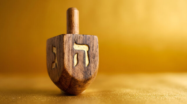 Wooden dreidel with Hebrew letters on golden background  