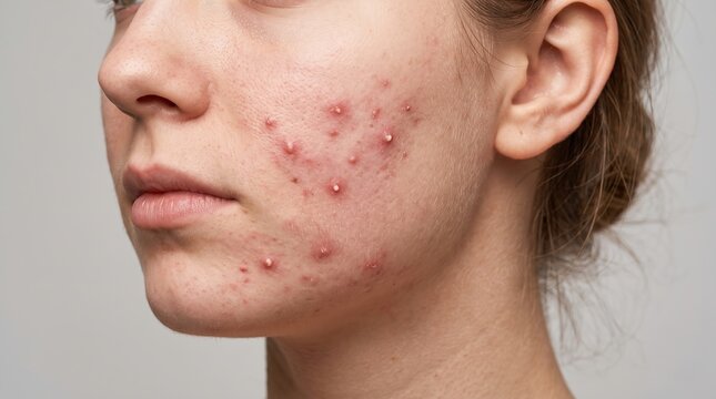 Close up of young woman face with severe cystic acne and pimples