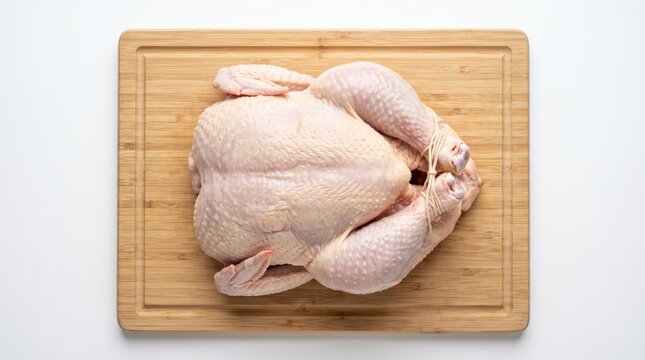 Raw whole chicken on wooden cutting board. Fresh poultry carcass prepared for roasting.
