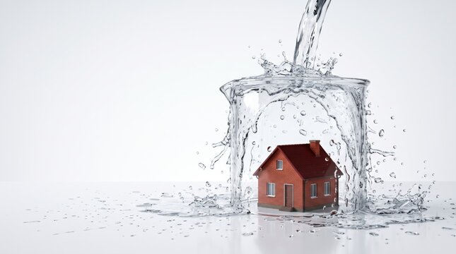 Small house protected from heavy water flow inside a glass vessel. Home insurance concept. Property safety and disaster prevention