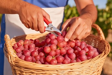 Obraz premium Harvest worker hands cutting red grapes into wicker basket with pruning shears