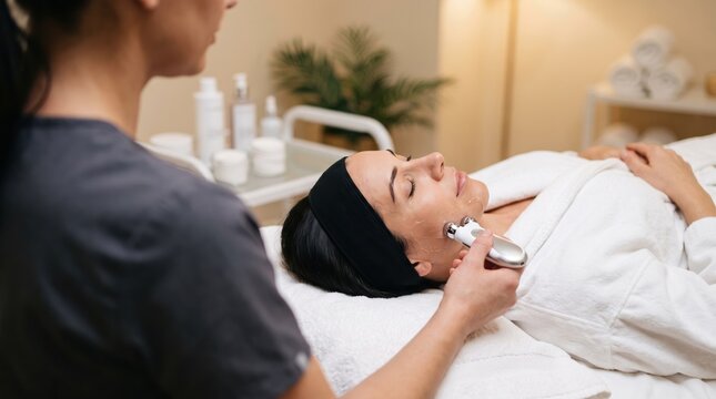 Cosmetologist performing facial rejuvenation procedure on woman with microcurrent device. Professional skincare treatment in beauty clinic. Rejuvenation and anti aging therapy concept.
