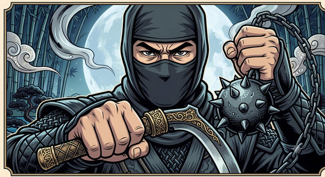 Japanese ninja warrior holding a kusarigama sickle and flail in pop art ukiyo-e style, bamboo forest and full moon background