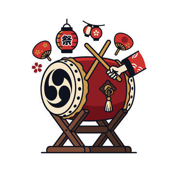 日本の伝統的な祭りやイベントを象徴する和太鼓と提灯のイラストレーション.