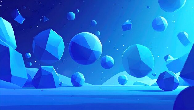 Blue low poly geometric landscape with floating spheres and stars