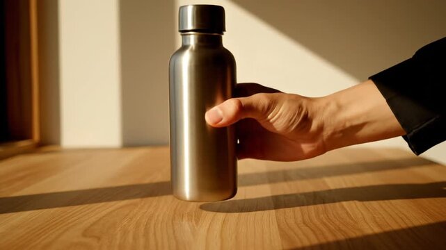 A hand reaches into a sunlit room to pick up a stainless steel water bottle from a wooden table, casting long shadows against the wall.