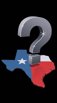 Animated 3D question mark levitating over the Texas state map with flag representing uncertainty, confusion, and unknown issues. Chroma key green screen with alpha channel. (loopable)