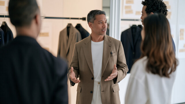 Workshop facilitator leading a diverse team through a fitting room mirror feedback session using clothes as metaphor, sterile corporate training space repurposed, blazers on