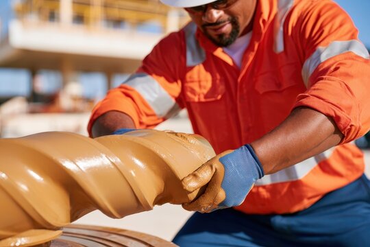 Worker inspecting mud covered tricone drill bit on oil rig