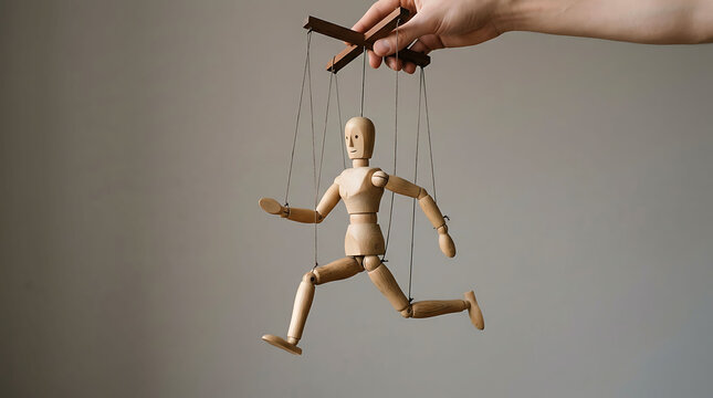 Puppet control concept hand manipulating wooden marionette figure running on strings