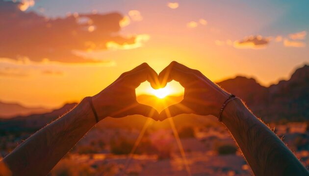 Hands forming heart shape framing setting sun