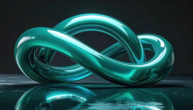 Teal glossy infinity knot sculpture on reflective dark surface