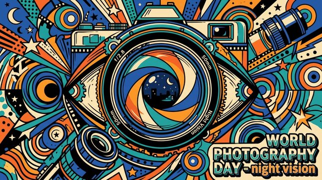 Futuristic digital camera eye aperture world photography day banner background vector illustration
