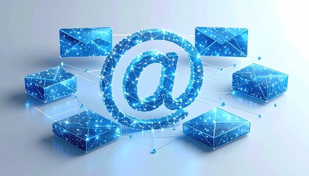 Glowing blue at symbol and digital email envelopes