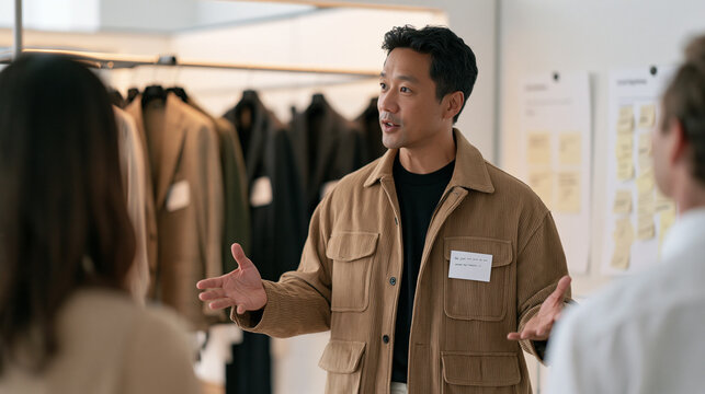 Workshop facilitator leading a diverse team through a fitting room mirror feedback session using clothes as metaphor, sterile corporate training space repurposed, blazers on