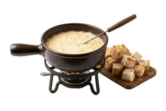 Cheese fondue pot with bread cubes