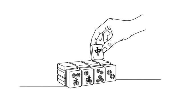 Hand playing with tiles in mahjong vector line art
