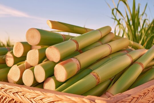 Freshly cut sugarcane billets piled in woven basket under warm sunlight