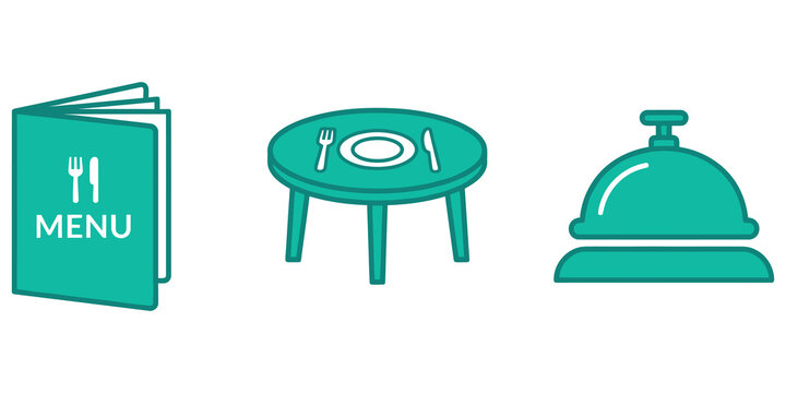 Restaurant menu book dining table and service bell icons isolated on transparent background