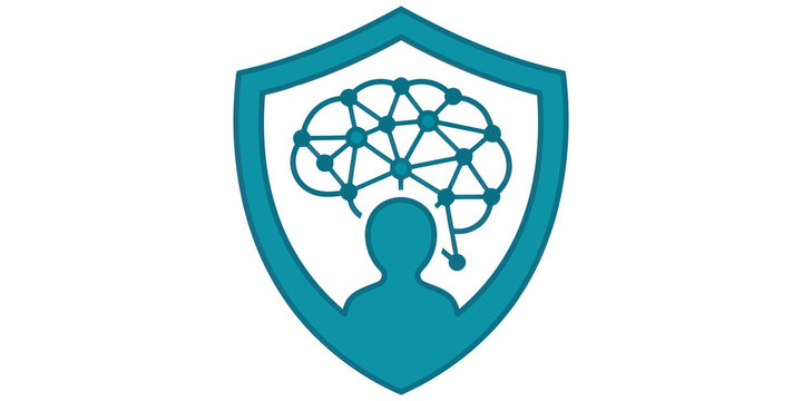 Artificial intelligence security shield with human profile and neural network isolated on transparent background