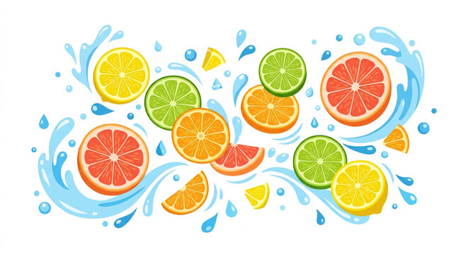 Fresh citrus fruit slices in water splash, vibrant lemon lime and orange segments with blue liquid drops, refreshing summer juice vector illustration