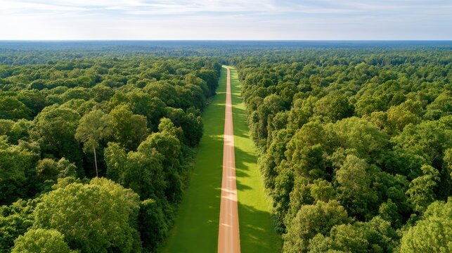Aerial view of straight pipeline right of way cutting through dense green forest