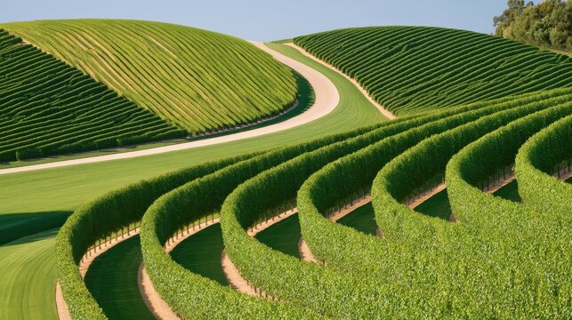 Aerial view of vineyard rows curving over rolling green hills under clear sky