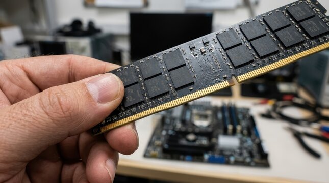 High-Performance RAM Memory Module Held by a Technician During a Computer Hardware Upgrade and System Maintenance Process