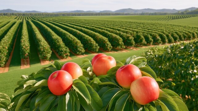 Aerial view of neat orchard rows with ripe red apples in autumn