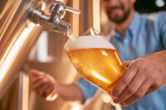 Close up of beer pouring from fermentation tank valve into glass with foamy head