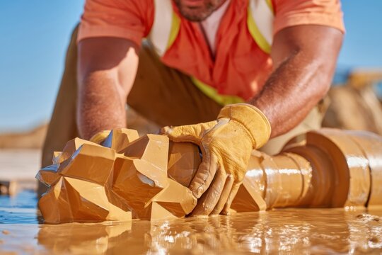 Worker inspecting mud covered tricone drill bit at drilling site
