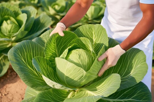 Close-up of hands harvesting large green cabbage in field