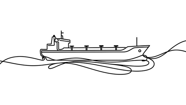 Minimalist cargo ship line art white background.