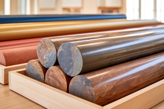 Close up of oil bearing rock core cylinders in wooden trays
