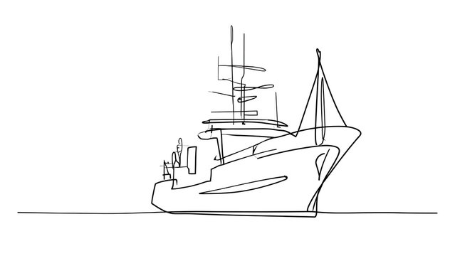Minimalist line art ship white background.