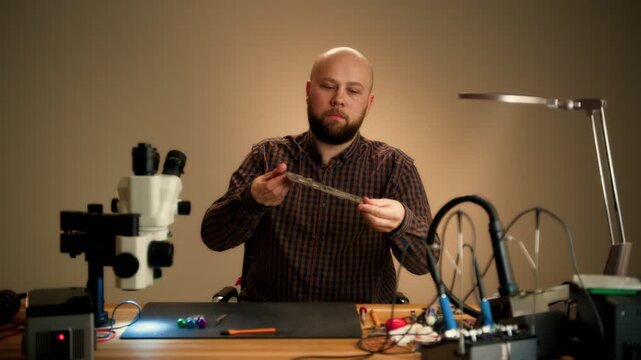 Electronics technician examining a component at a workbench