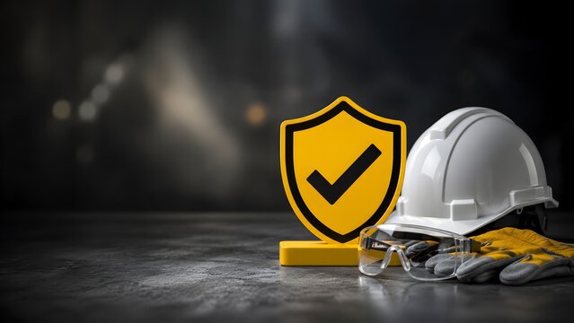 Yellow shield icon with checkmark next to white hard hat safety glasses and gloves on dark floor. Concept of verified workplace safety, industrial security standards, and occupational risk compliance.