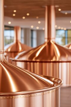 Close up of polished copper brewing kettles reflecting warm light