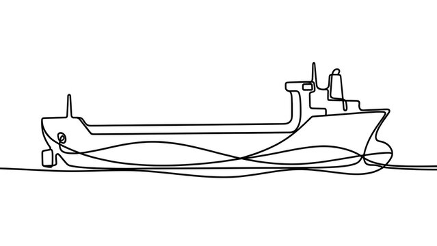 Minimalist line art cargo ship white background.