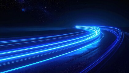 Fototapeta premium Futuristic blue light trails curving along highway at night