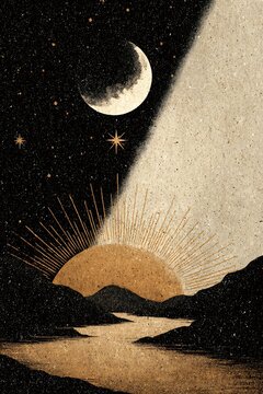 Stylized illustration of crescent moon and sun rising over river landscape at night