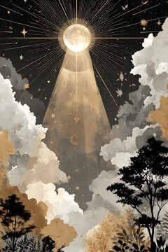 Full moon shining bright in night sky with clouds and silhouettes of trees in mystical landscape illustration