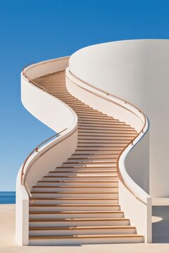 Spiral staircase with white curves and wooden steps against blue sky
