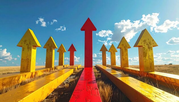 Red arrow leading yellow arrows upward in open field landscape