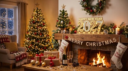 Fototapeta premium Festive Christmas living room interior with glowing 2027 New Year numbers, decorated tree, and warm fireplace